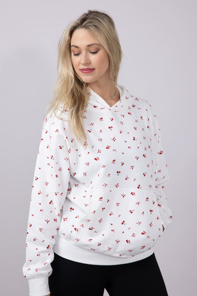 1897 Active Embroidered All Over Print Cherry & Bows Hoodie for Women in Ivory