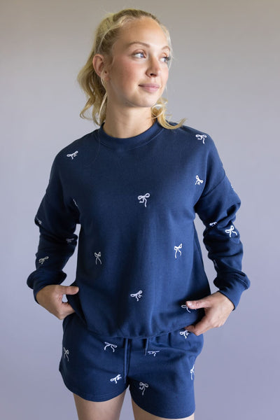 1897 Active Embroidered Bow Fleece Shorts for Women in Indigo Blue
