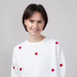 1897 Active Embroidered Hearts Fleece Crewneck for Women in Ivory Red