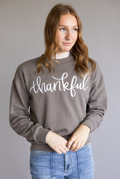 1897 Active Thankful Embroidered Fleece Sweatshirt for Women in Fossil