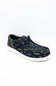 A single casual slip-on shoe with a navy blue canvas upper covered in a colorful alligator print, featuring a dark gray heel tab, matching laces, and a white sole, shown on a white background.