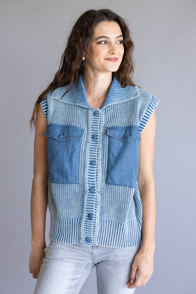 Aaron & Amber Mineral Wash Knit Vest for Women in Blue