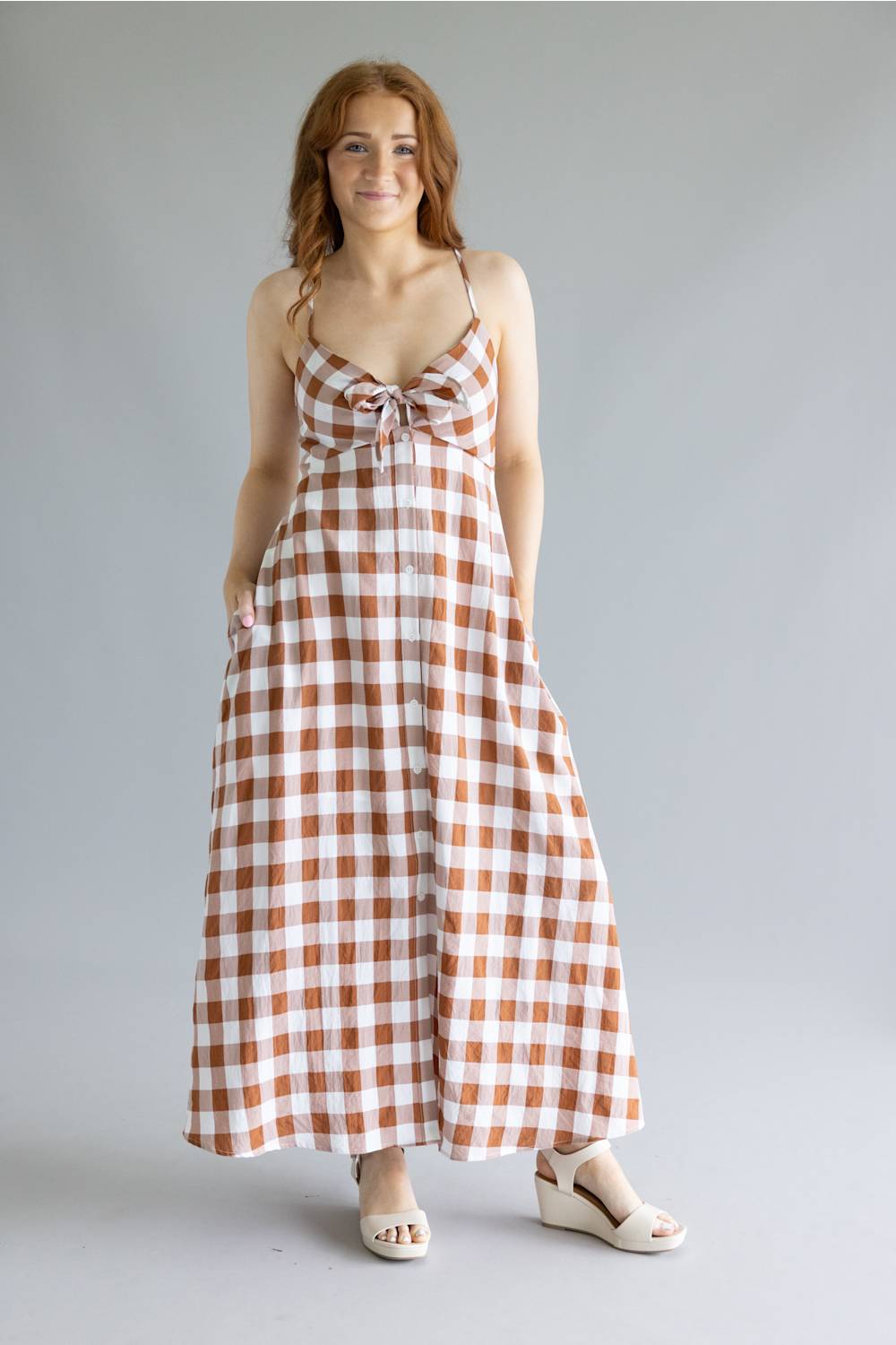 ACOA Clothing Gingham Midi Dress for Women in Brown/Ivory at Glik's , L