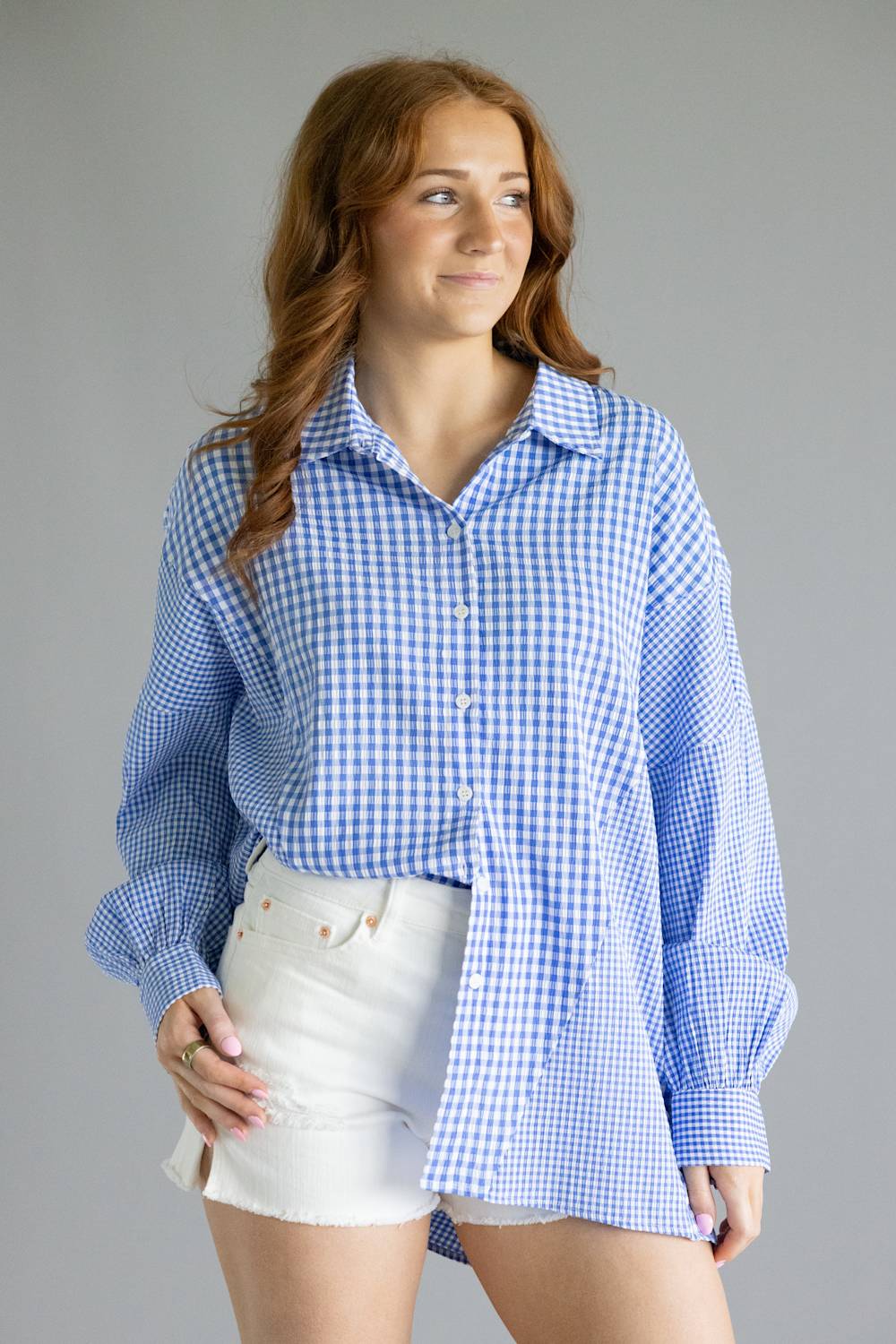 open lace back dress ACOA Mixed Gingham Oversized Button Up Shirt for Women in Blue