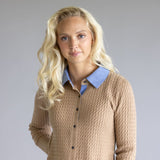 Aaron & Amber Cable Knit Mixed Media Button Front Top for Women in Taupe