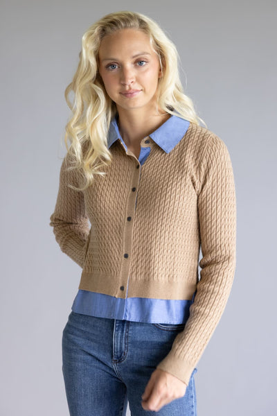 Aaron & Amber Cable Knit Mixed Media Button Front Top for Women in Taupe
