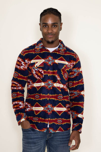 Aztec Polar Fleece Shacket for Men in Navy/Red