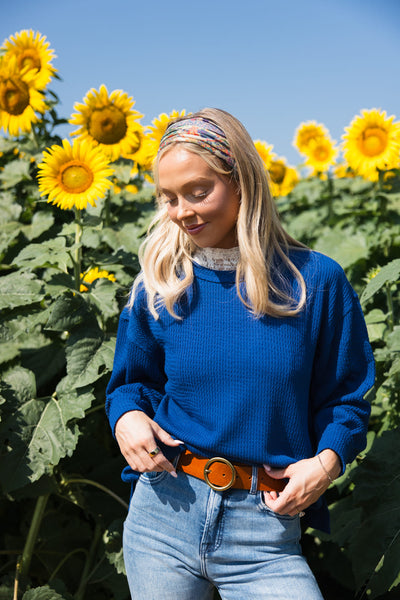 Blu Pepper Crewneck Ribbed Knit Shirt for Women in Navy