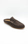 A single dark brown suede mule loafer with a strap across the instep and decorative stitching, shown on a clean white background.