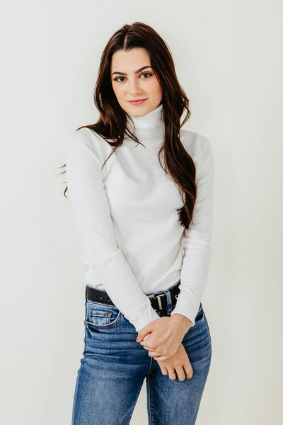 Basic Turtleneck Long Sleeve Top for Women in White
