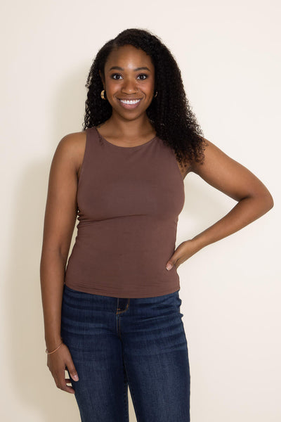 Basic Slim High Neck Stretch Basic Tank Top for Women in Brown