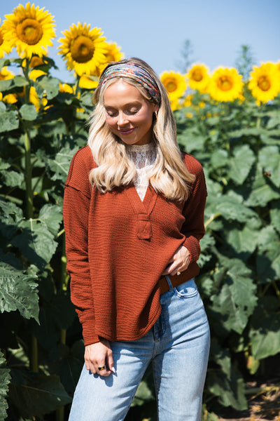 Blu Pepper Ribbed Knit Johnny Collar Polo Shirt for Women in Rust