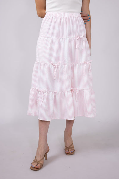 Bow Tiered Stripe Maxi Skirt for Women in Pink