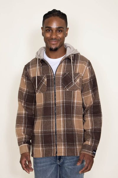 Brooklyn Cloth Zip Front Flannel Hooded Shirt Jacket for Men in Brown
