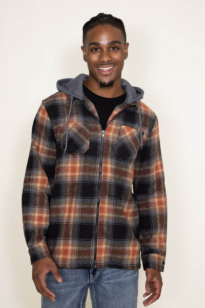 Brooklyn Cloth Zip Front Flannel Hooded Shirt Jacket for Men in Brown/Grey