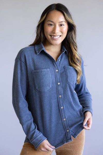 C&C California Mineral Wash Thermal Button Front Shirt for Women in Vintage Indigo