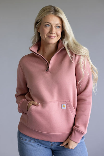 Carhartt Relaxed Fit Quarter Zip Mock Neck Sweatshirt for Women in Rose Tint
