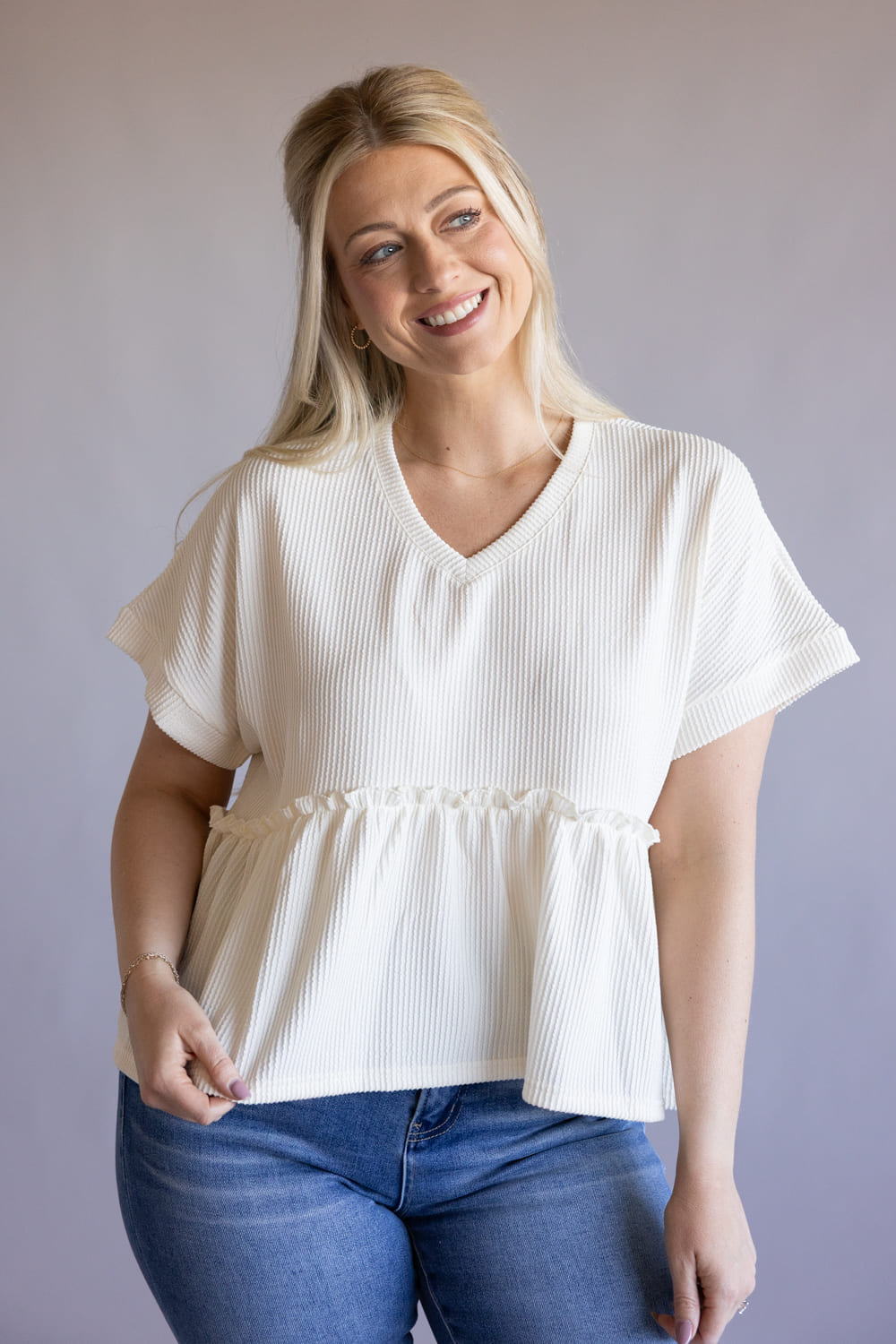 Simply Southern Corded Ruffle Top for Women in Pearl | PP-0126-TOP