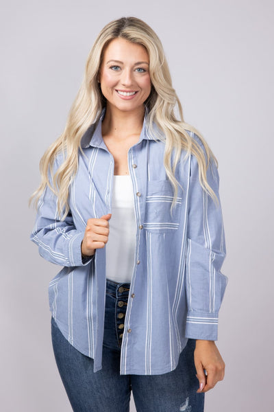 C&C California Alaina Cotton Striped Relaxed Button Front Shirt for Women in Blue | 89B03246T-BLU