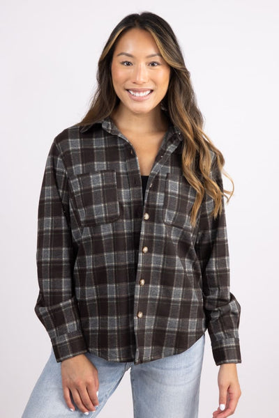 C&C California Marina Jacquard Plaid Button Up Shirt for Women Silver Grey