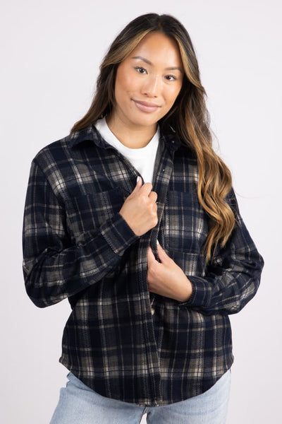 C&C California Marina Jacquard Plaid Button Up Shirt for Women in Navy | 89B02737T-NAVY