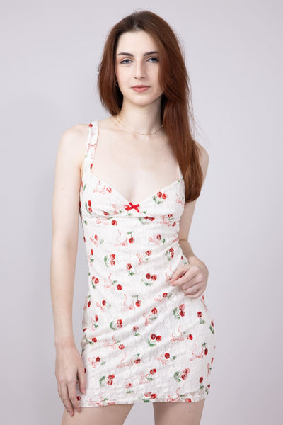Cherry and Bow Open Back Mini Dress for Women in White