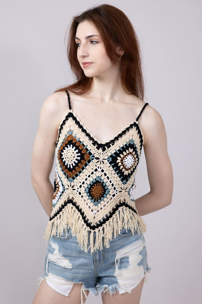 Elan Crochet Fringe Tank Top for Women in Natural