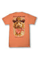 An orange short-sleeve t-shirt with a graphic print of a golden doodoodle wearing a cowboy hat and bandana, with the text 'IT'S A RUFF LIFE' above and 'simply southern' below.