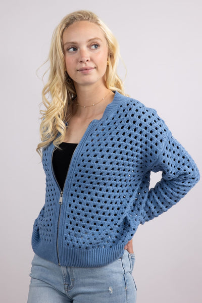 Elan Open Knit Front Zip Cardigan for Women in Blue