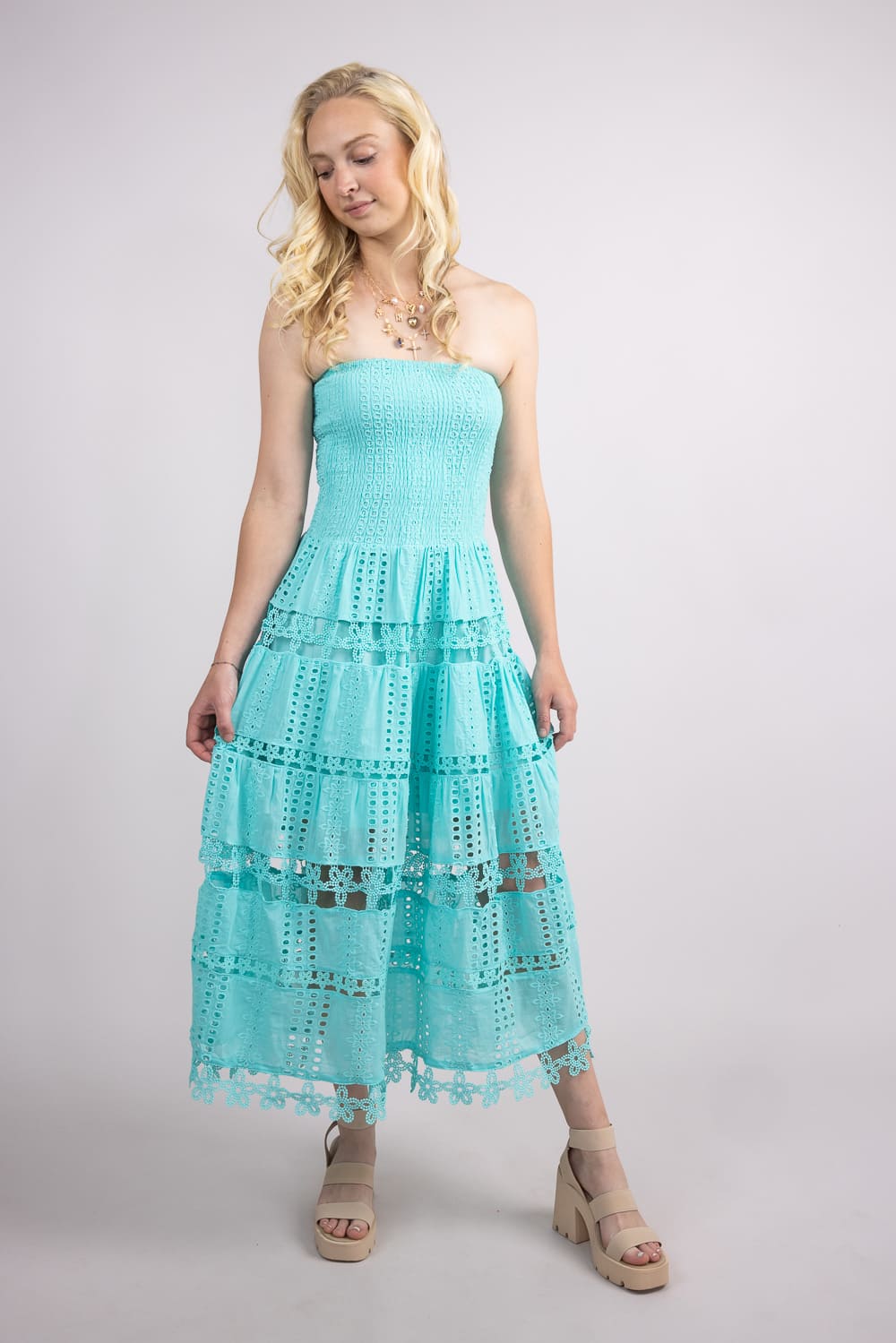 Strut & Bolt Eyelet Strapless Midi Dress for Women in Tiffany Blue at Glik's , M Strut & Bolt Eyelet Strapless Midi Dress for Women in Tiffany Blue at Glik's , M