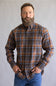 Orange and blue flannel patten, on a button down and long sleeve