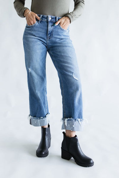 Flying Monkey Mid-Rise Raw Cuffed Hem Slim Wide Leg Jeans for Women