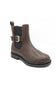 A brown leather ankle boot with a black elastic side panel, a brown strap with a silver buckle, and a black sole, shown on a plain white background.