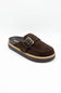 A dark brown suede mule slipper with a braided strap detail and a silver buckle, shown on a plain white background.