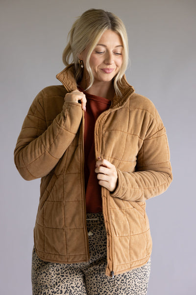Garment Washed Quilted Jacket for Women in Brown