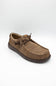 A single brown woven slip-on shoe with a textured knit upper, matching laces, and a speckled dark brown sole, shown against a plain light gray background.