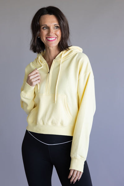 Half Zip Drawstring Fleece Hoodie for Women in Light Yellow
