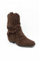 A brown suede slouchy ankle boot with a low block heel, shown from a side profile on a white background.