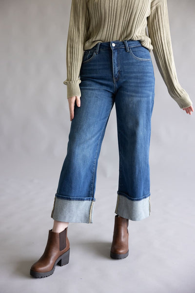 KanKan High Rise Dark Wash Crop Wide Leg Jeans for Women