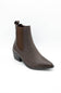 A dark brown leather ankle boot with a pointed toe, low block heel, and elastic side gore, shown on a plain white background.