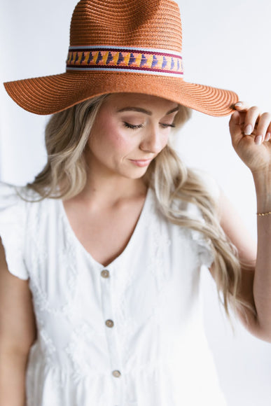 Straw Wide Brim Hat with Band for Women in Rust