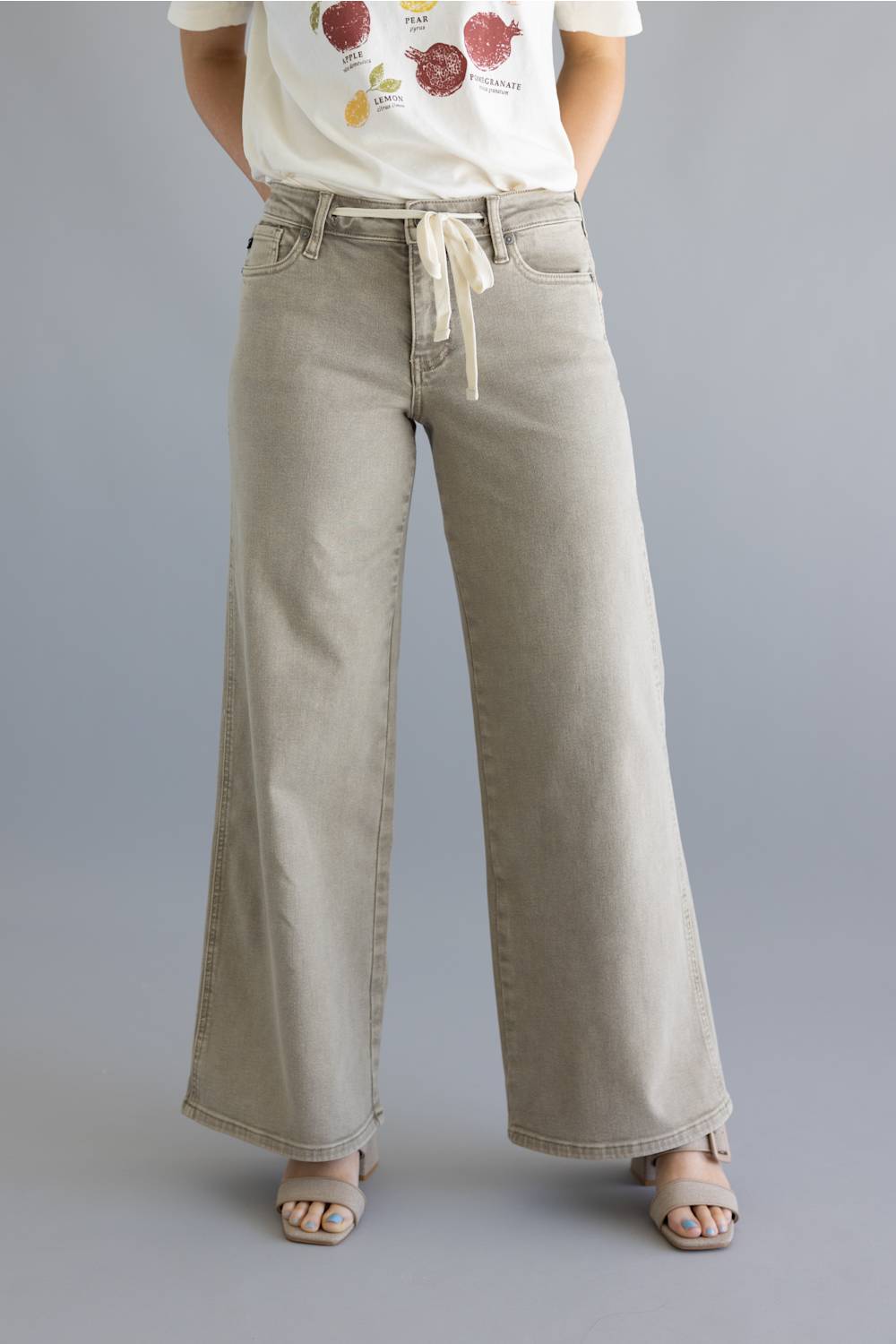 パンツ kan KanCan Mid Rise Drawstring Wide Leg Jeans for Women in Tan
