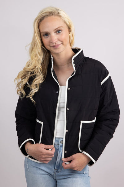 Trim Quilted Jacket for Women in Black