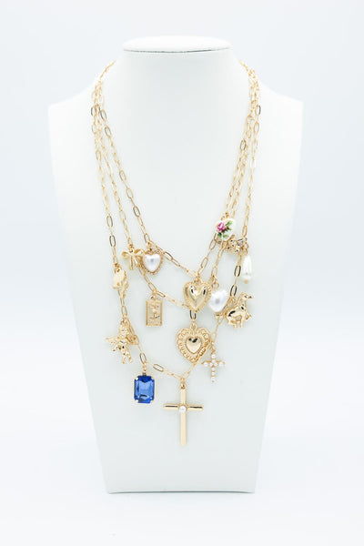 Cross Charm 3 Layer Necklace in Gold