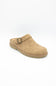 A single tan suede clog shoe with a single strap and a metal buckle, shown from a three-quarters angle on a white background.