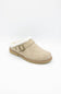 A single beige suede clog-style with a white faux-fur trim and a tan sole, shown on a plain white background.
