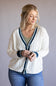 Simply Southern Oversized Long Varsity Cardigan for Women in White/Navy