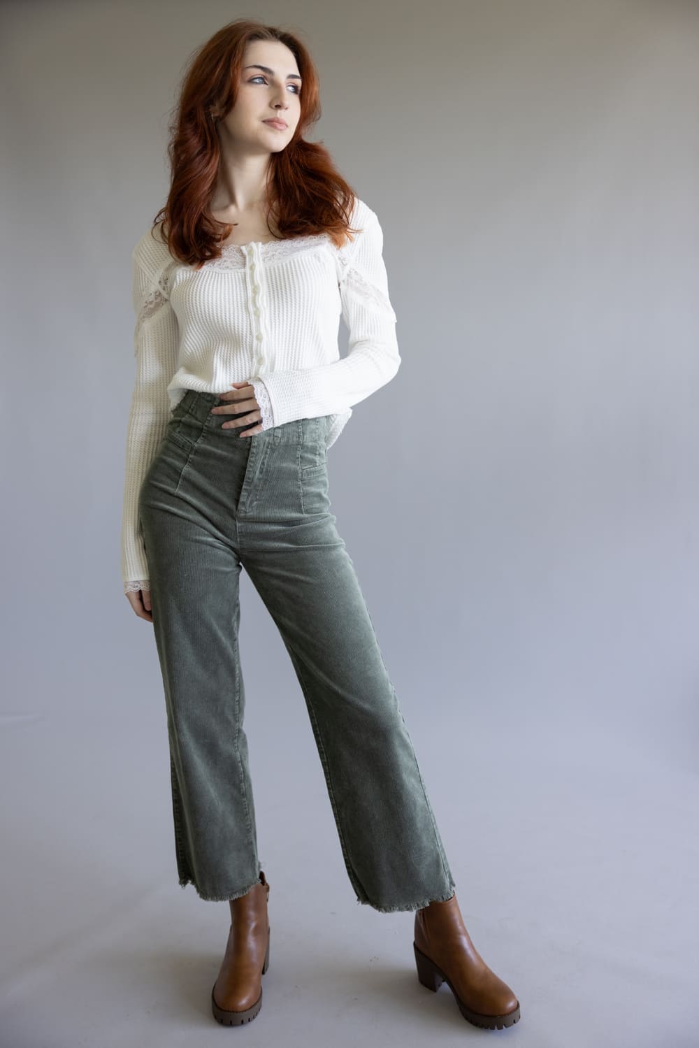 La Miel Mineral Wash Corduroy Pants for Women in Faded Olive