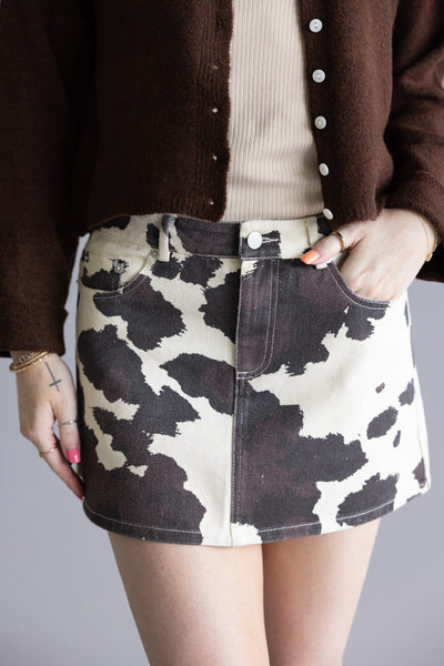 LeLis Cow Print Mini Skirt for Women in Cream/Brown