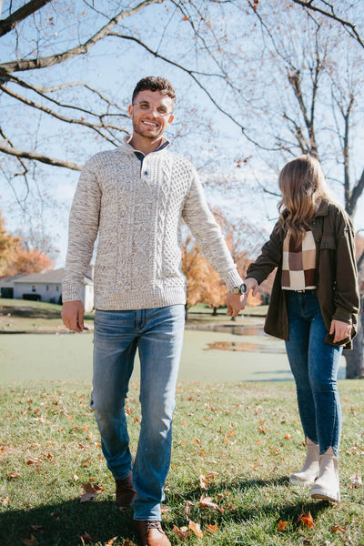 1897 Original 1/4 Cable Button Neck Sweater for Men in Ivory and Latte Brown